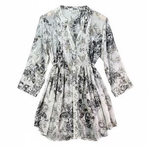 American Rag Cie Boho Paisley Pleated Tunic Top White Black Gray Women’s Large